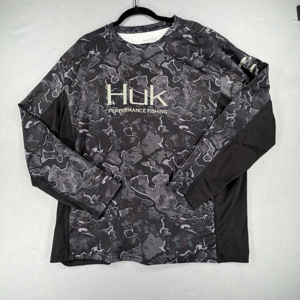 Huk Fishing Performance Shirt Mens XXL Black Gray Camo Long Sleeve Tee Fishing